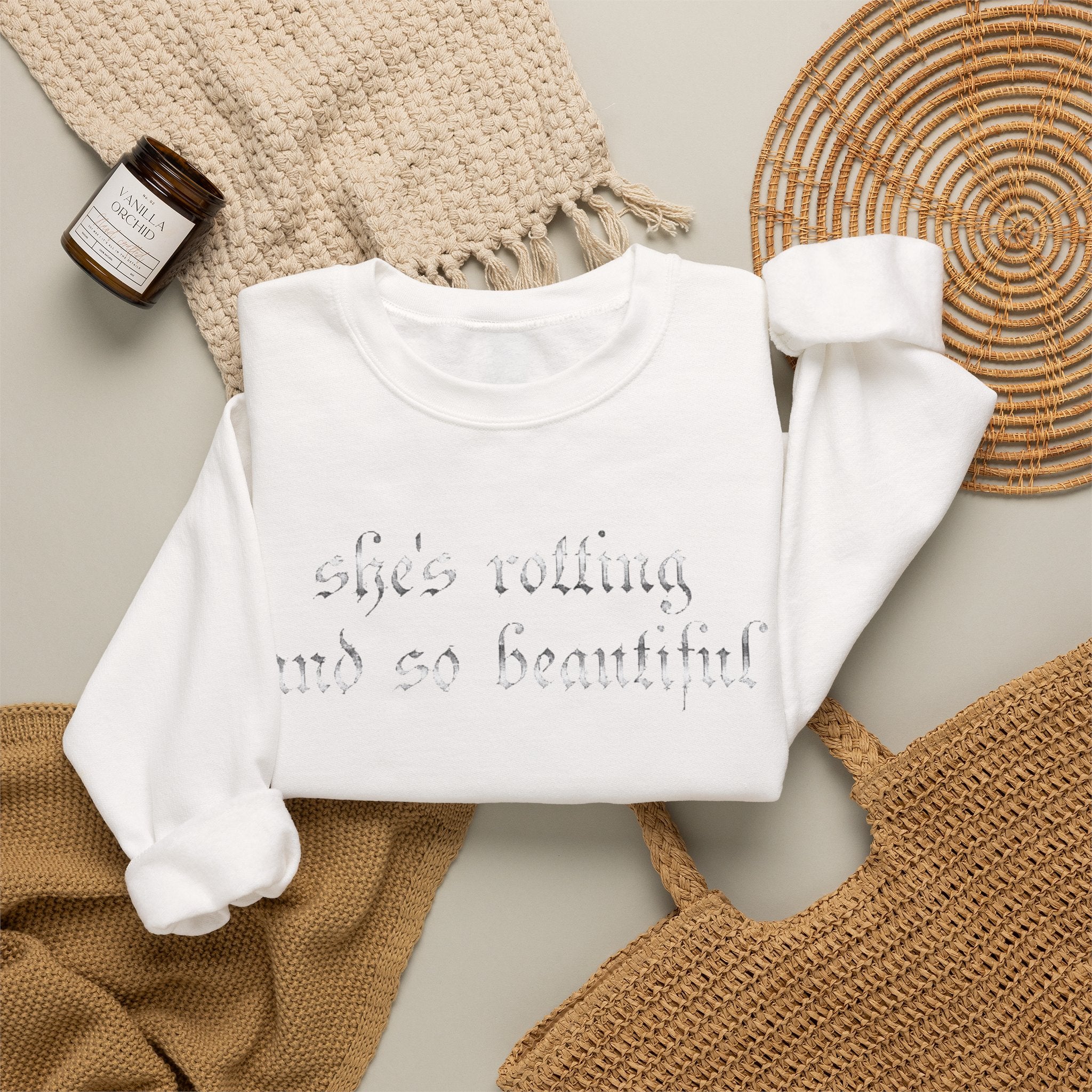 Crewneck Sweatshirt — “She’s Rotting and So Beautiful” Minimal Gothic White Pullover