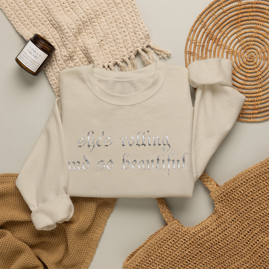 Crewneck Sweatshirt — “She’s Rotting and So Beautiful” Minimal Gothic White Pullover
