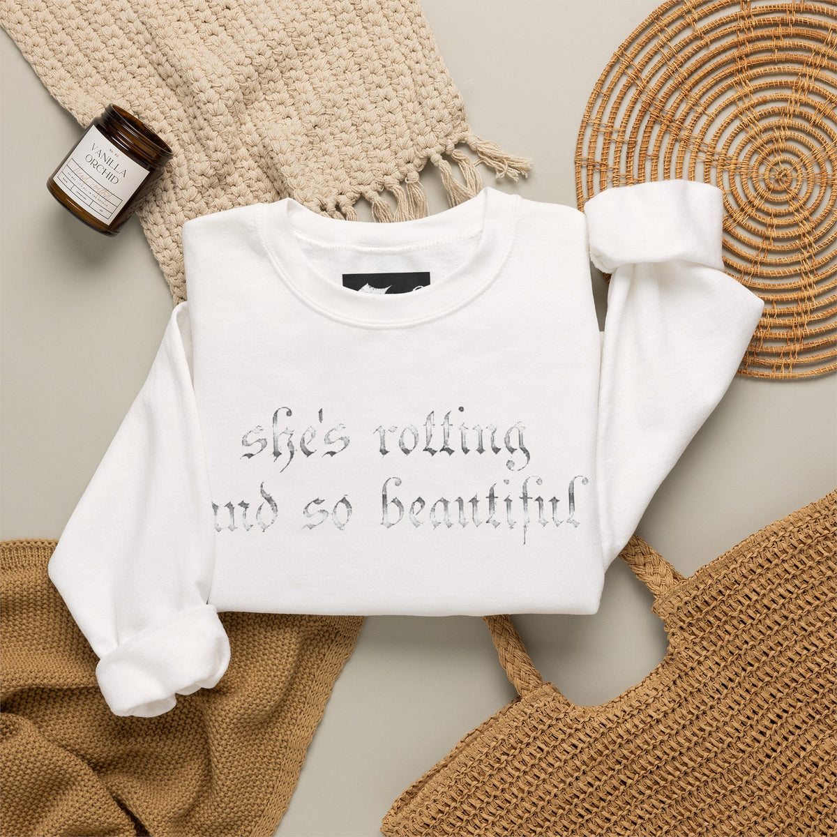Crewneck Sweatshirt — “She’s Rotting and So Beautiful” Minimal Gothic White Pullover