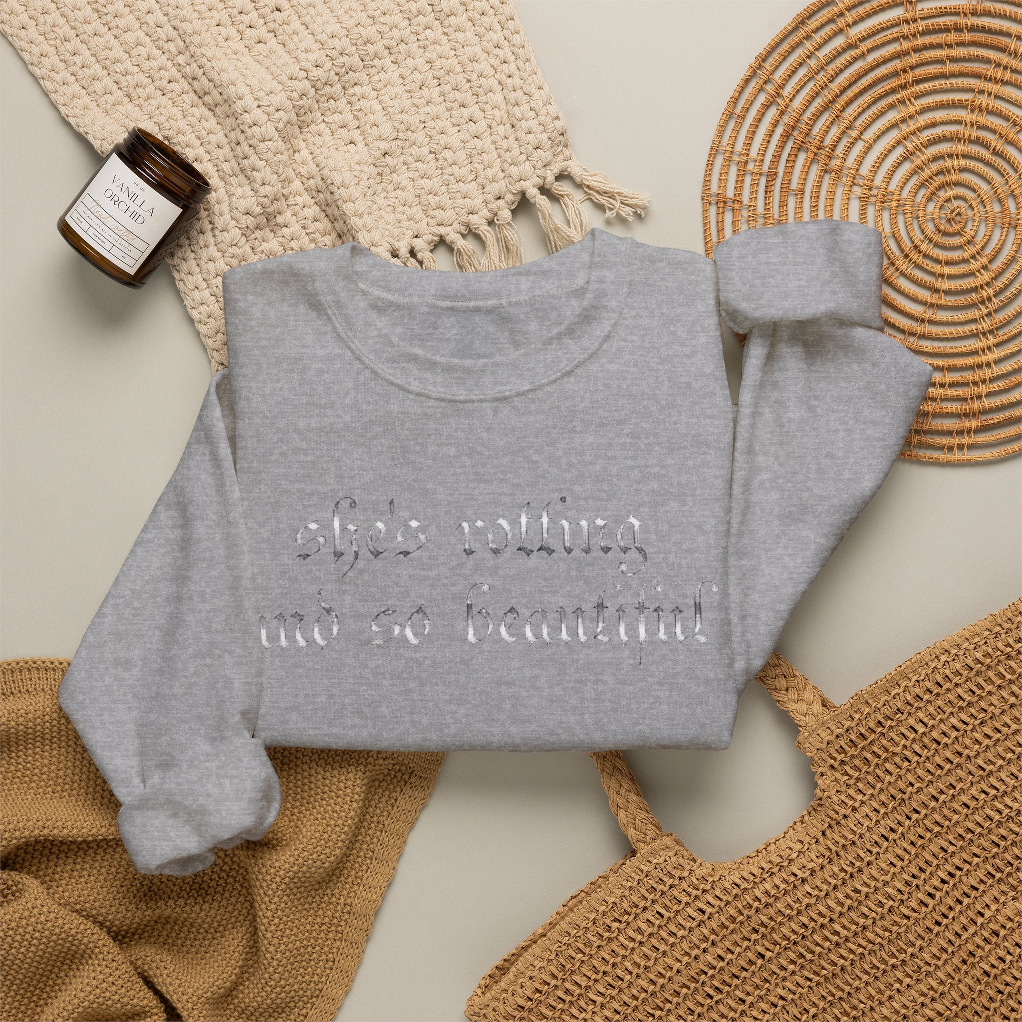 Crewneck Sweatshirt — “She’s Rotting and So Beautiful” Minimal Gothic White Pullover